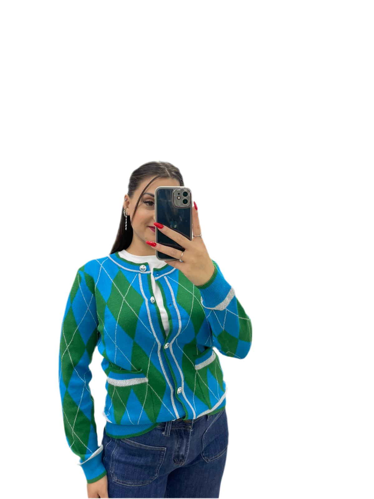 Cardigan rombo verde/azzurro