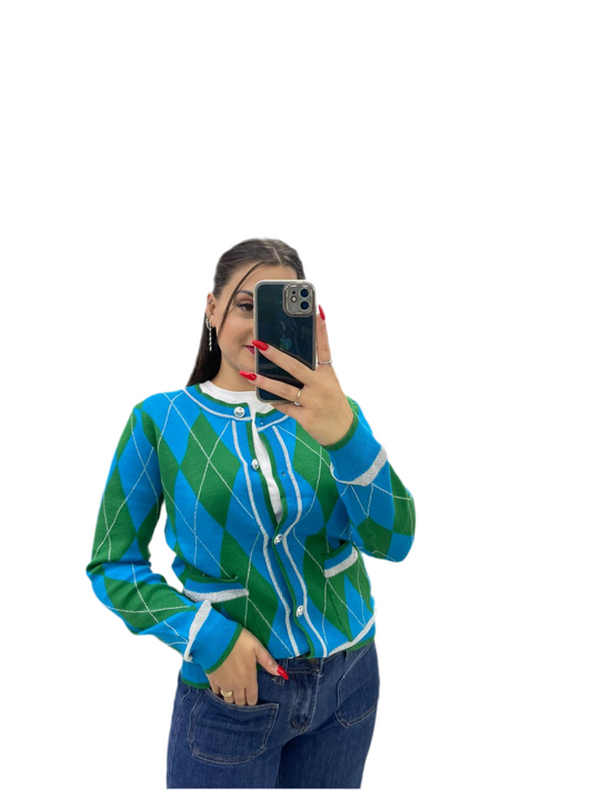 Cardigan rombo verde/azzurro