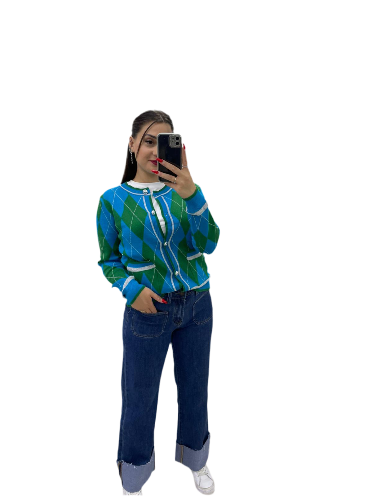 Cardigan rombo verde/azzurro